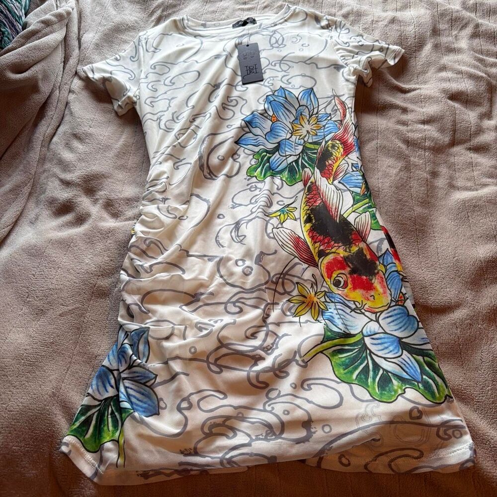 Ed Hardy Koi Fish Lotus Mesh Mini Dress Size L